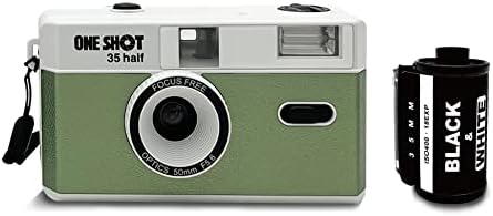 1 Shot Point and Shoot 35mm Film Camera Reusable One Shot Half Frame Camera, Built in Flash, Included One Roll ASA/ISO 400 Black & White Film 18 Exp, Battery is Not Included (Green Color)