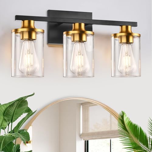 Bathroom Vanity Lights,Bathroom Lighting Fixtures Over Mirror 3 Light Black Light Fixtures for Bathroom Gold Brushed Wall Lights Wall Lamp Sconces with Clear Glass Shade for Kitchen,Bedroom,Porch