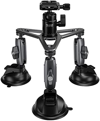 Triple Suction Cup Car Mount Heavy Duty Tripod with 360 Ball Head for GoPro Insta360 DJI Action DSLR Mirrorless Camera, Dashboard Windshield Window Hi-Speed Motion Vehicle Holder Attach Accessories