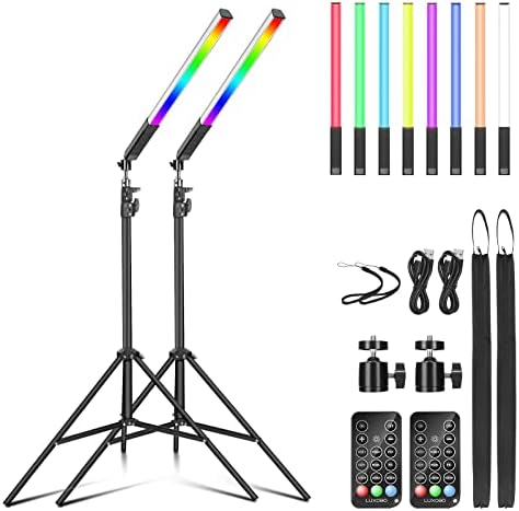 2 Pack RGB LED Video Light Wand Stick, LUXCEO Photography Studio Lighting Kits with 29" to 81" Tripod & Remote Control, Dimmable Photography Light Wand 36 Colors 3000K-6000K