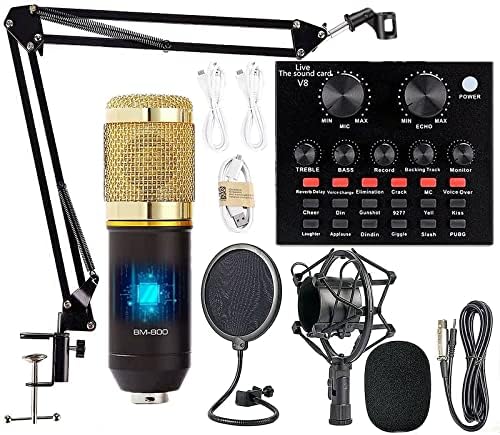 Podcast Equipment Bundle, BM-800 Mic Kit with Live Sound Card, Adjustable Mic Suspension Scissor Arm, Metal Shock Mount and Double-Layer Pop Filter for Studio Recording & Broadcasting (CF100-Gold)