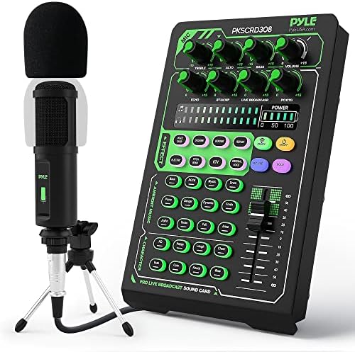 Pyle Portable Bluetooth Live Broadcast Sound Card Pro Audio Interface DJ mixer Condenser w/Microphone Set, for Streaming podcasts Studio, Recording PC, Gaming, Phone, w/FX, Ambient Sounds - PKSCRD308